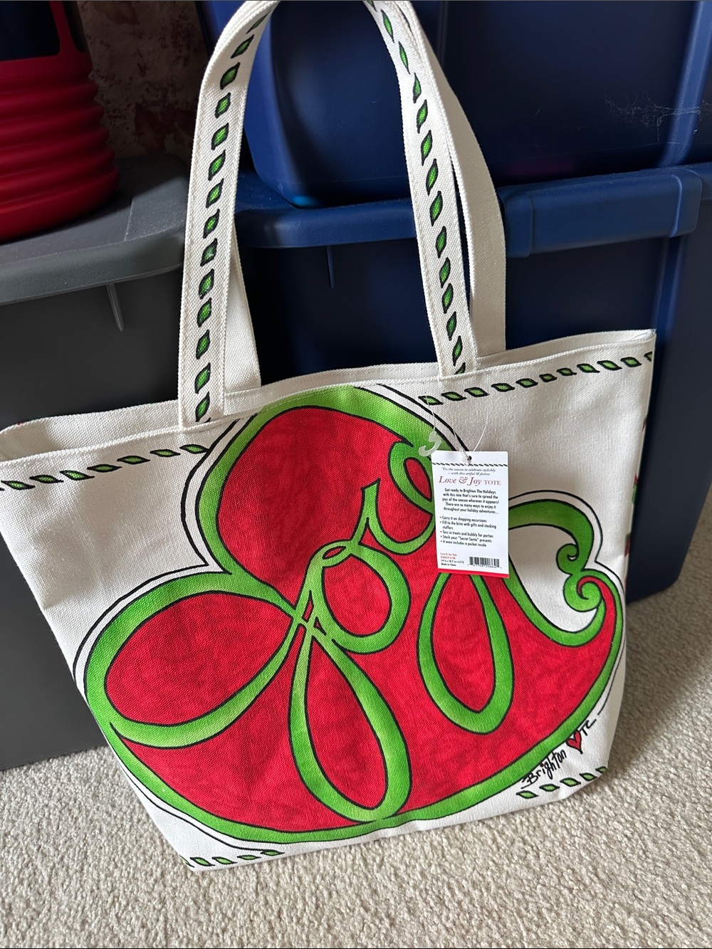 Brighton Canvas Tote Bag with Red & Green Heart Design NWT